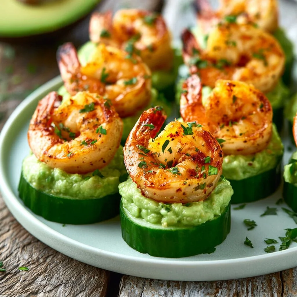 Blackened shrimp served with avocado and cucumber bites on a platter