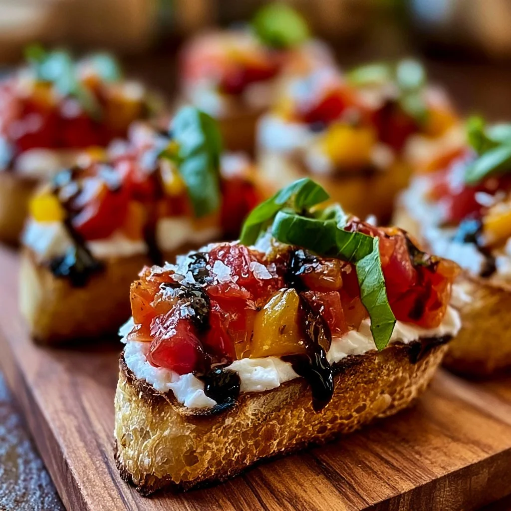 Delicious Burrata Bruschetta topped with fresh tomatoes and basil
