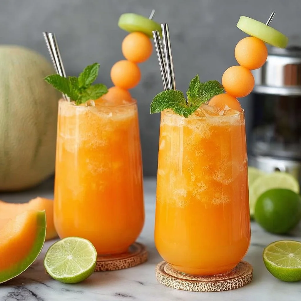 Refreshing cantaloupe juice mocktail served in a glass with mint leaves.