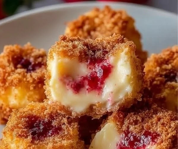 Delicious cheesecake bites topped with strawberry crunch for a delightful dessert.
