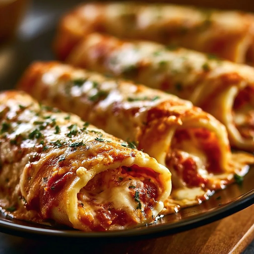 Delicious cheesy beef lasagna roll-ups served on a plate