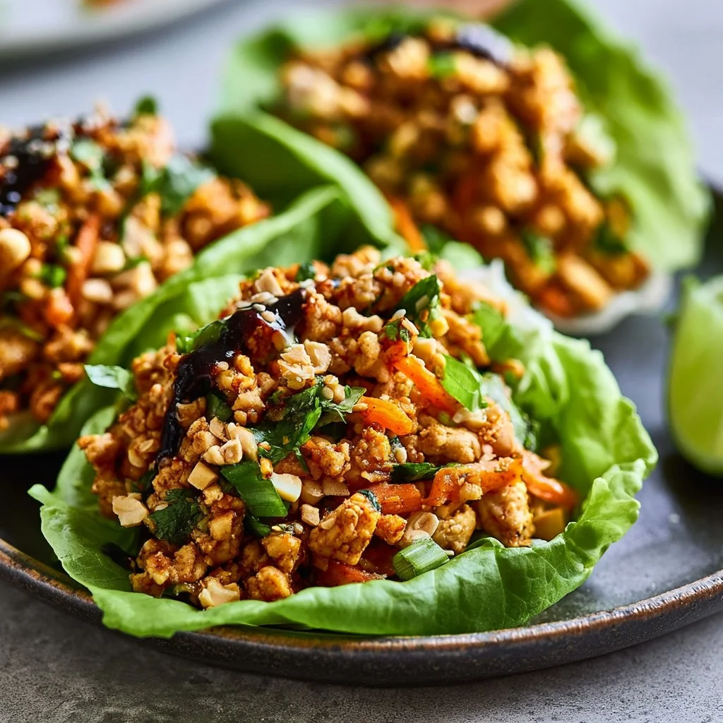 Chicken Lettuce Wraps filled with seasoned chicken and fresh veggies.