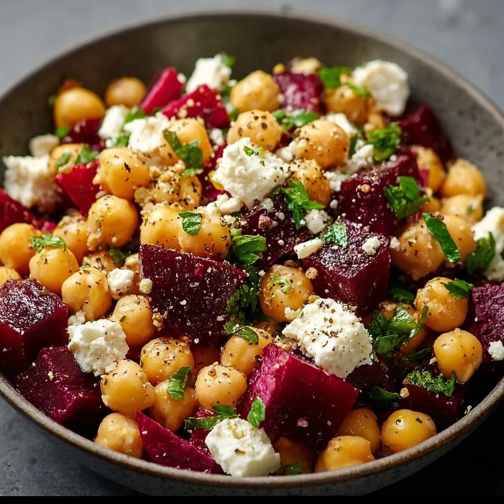 Chickpea Beet Feta Salad featuring colorful ingredients in a bowl.