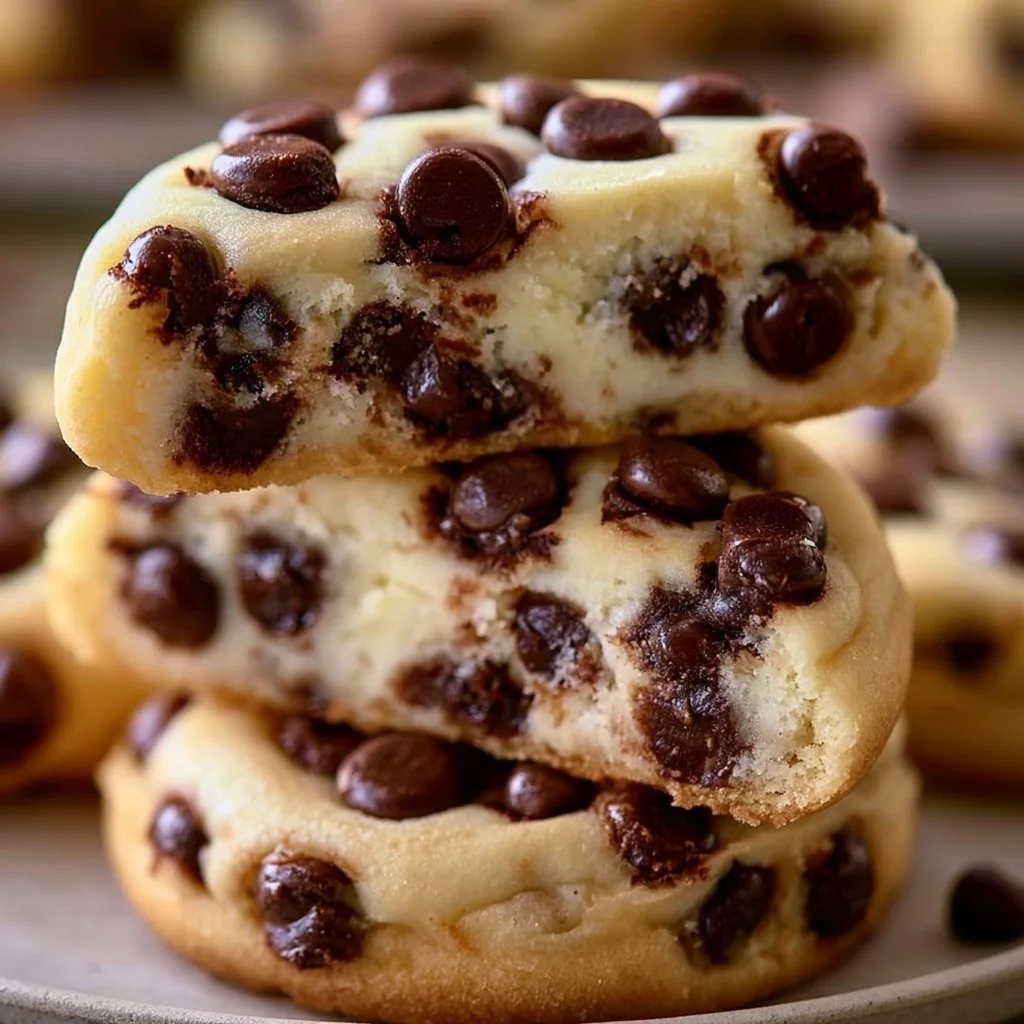 Plate of chocolate chip cheesecake cookies with chocolate chips and cheesecake filling.