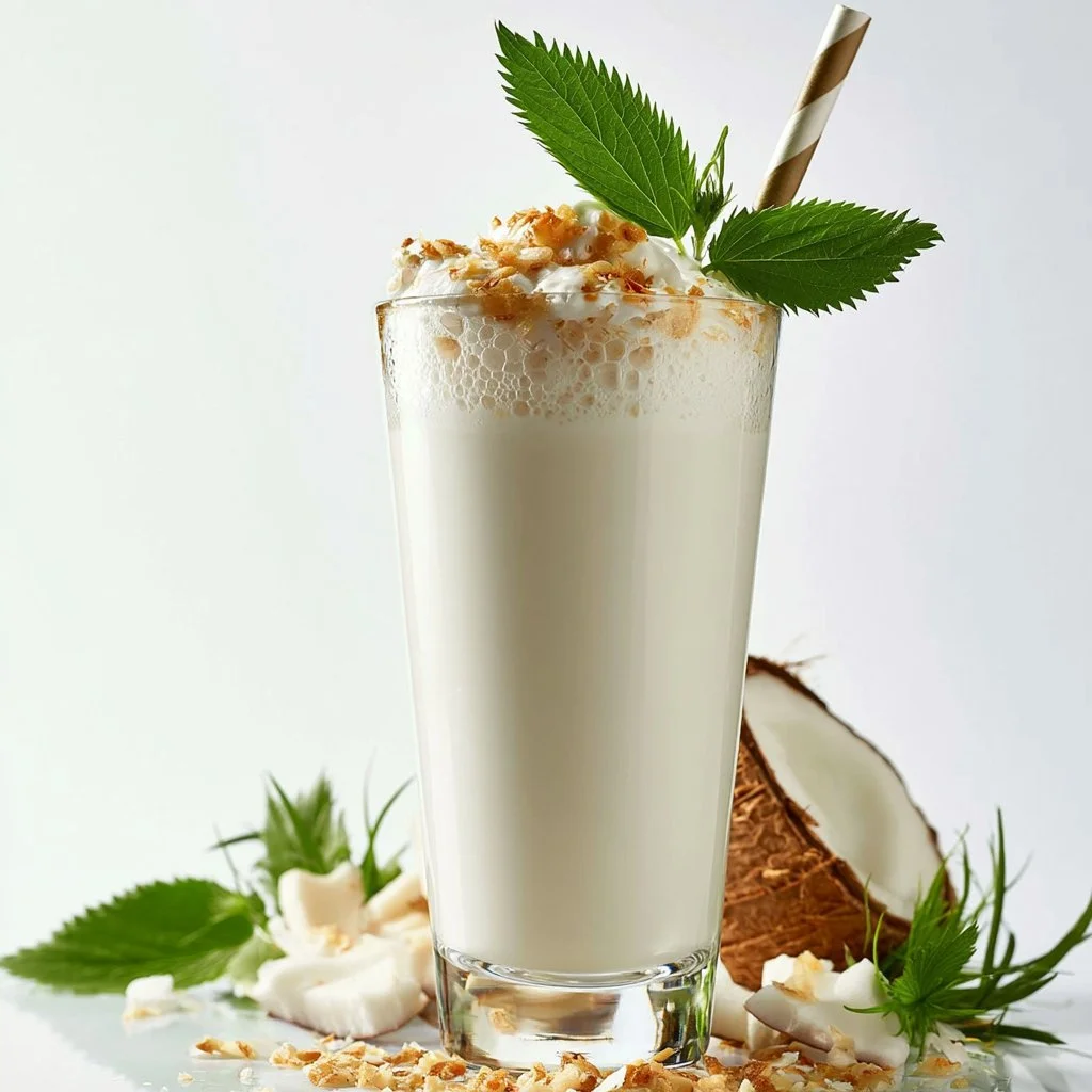 A refreshing glass of coconut juice served with a straw and coconut pieces, promoting health.