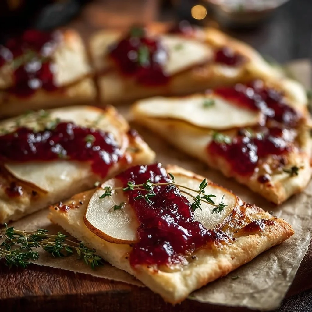Delicious Cranberry Brie Flatbread topped with cranberries and melted brie cheese