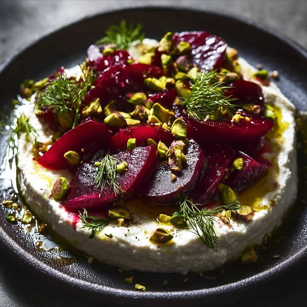 Creamy beet and feta spread in a bowl with herbs