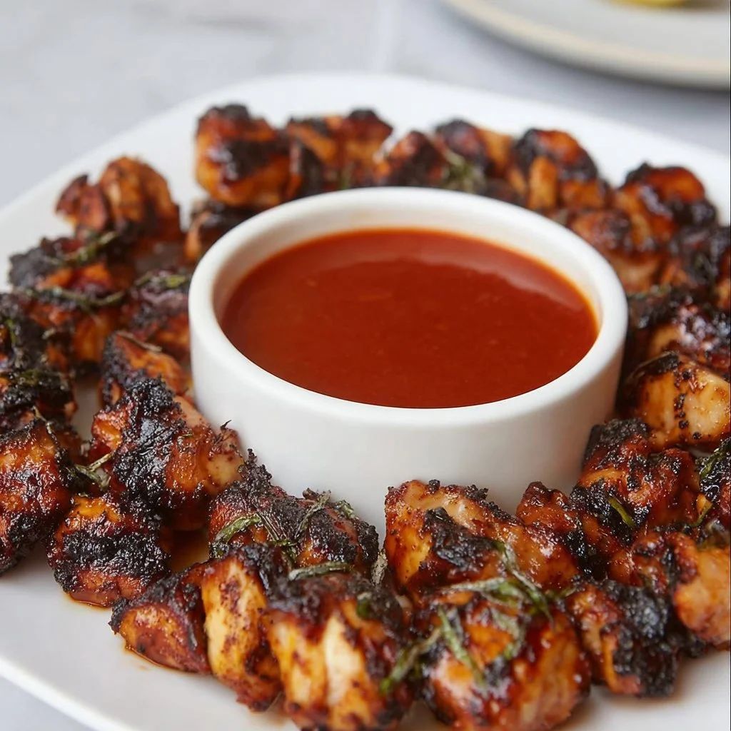 Plate of crispy air fryer chicken bites served with dipping sauce.