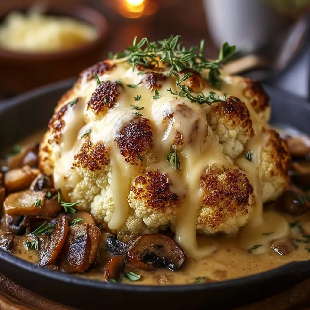 Crispy Cauliflower topped with Mushroom and Gruyère Sauce in a serving dish