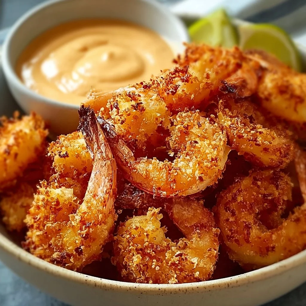 Plate of crispy coconut shrimp with sweet chili mayo sauce on the side