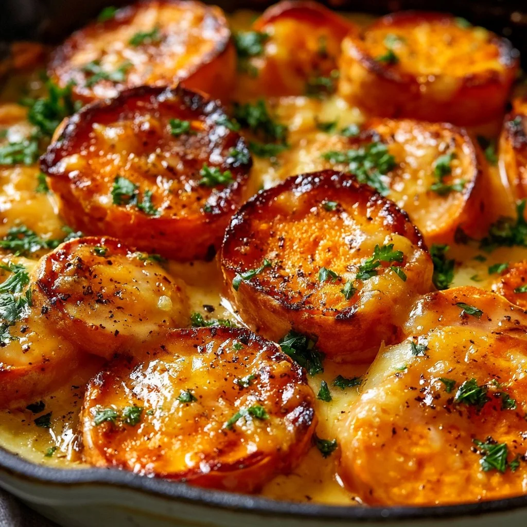 Crispy Garlic Butter Potatoes garnished with herbs on a plate