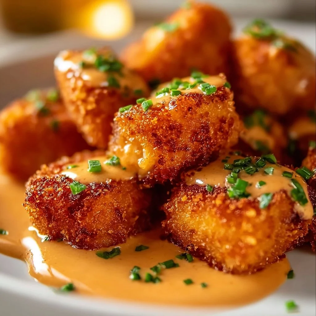 Crispy salmon bites served with vibrant bang bang sauce