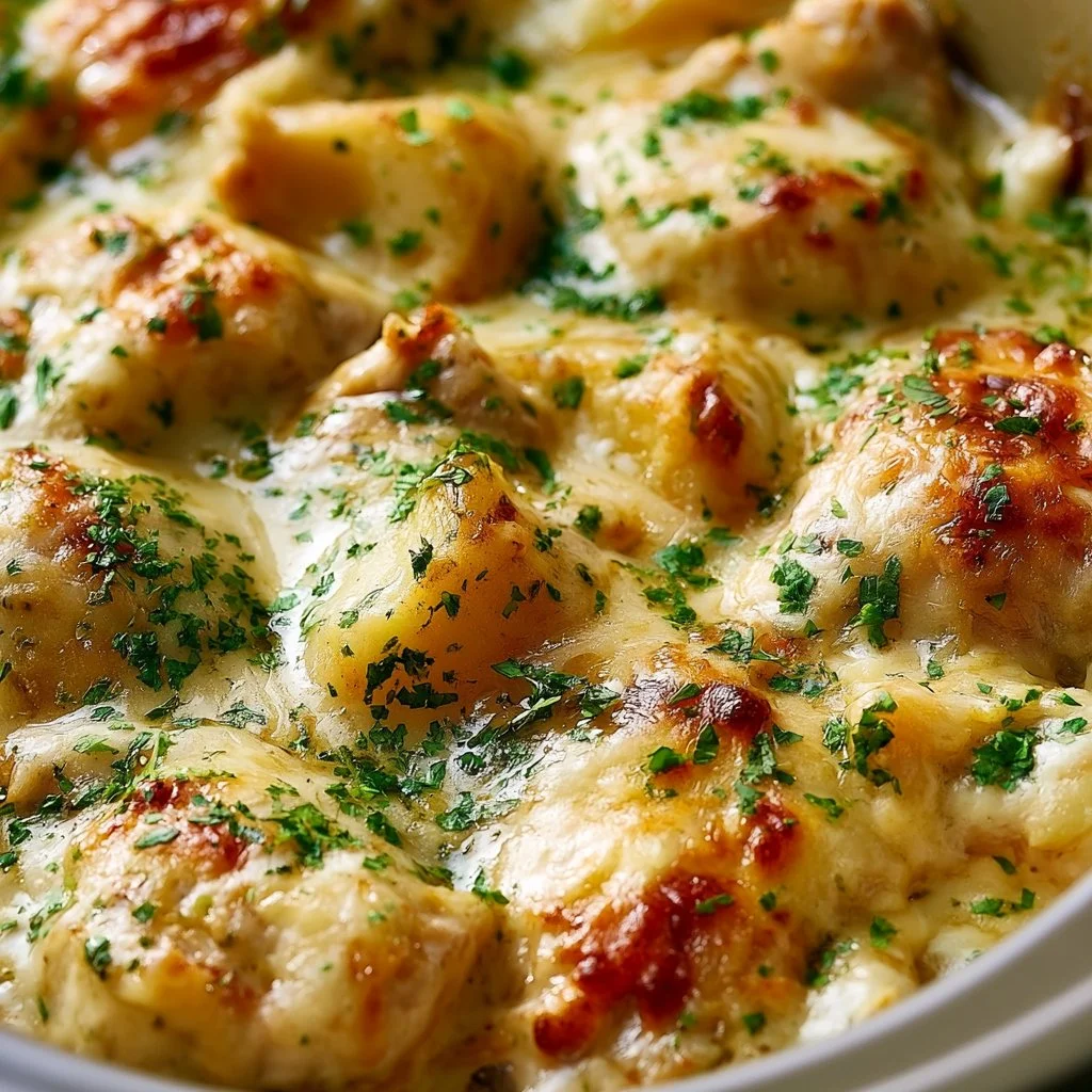 Crockpot Garlic Parmesan Chicken served with potatoes in a rustic dish