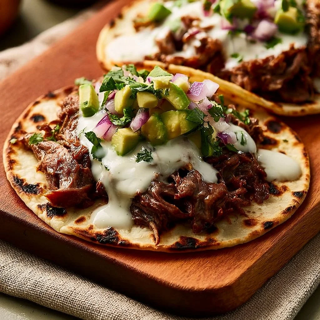 Crockpot shredded beef tacos served with fresh toppings