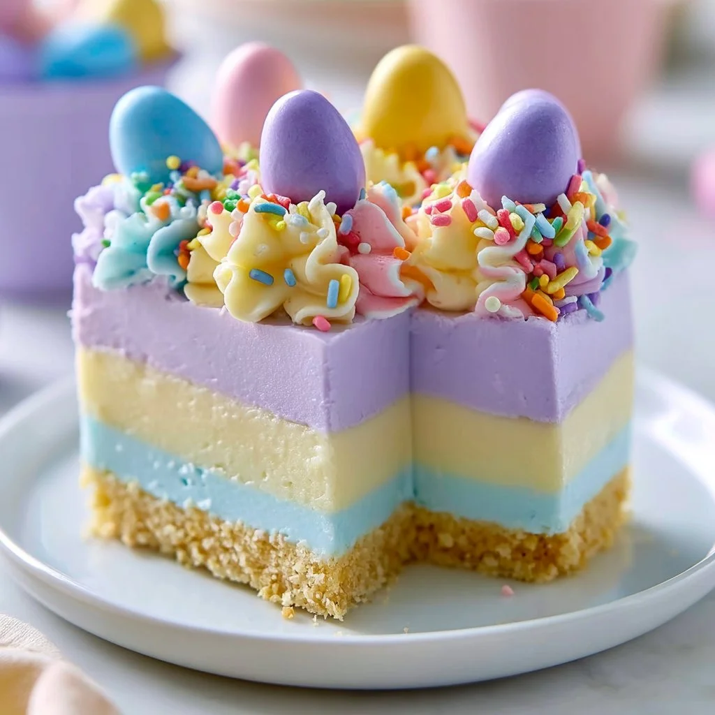Colorful Easter Jell-O Pie topped with fresh fruit and whipped cream