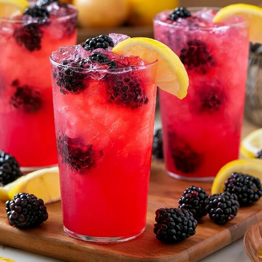 Refreshing glass of blackberry lemonade with blackberries and lemon slices