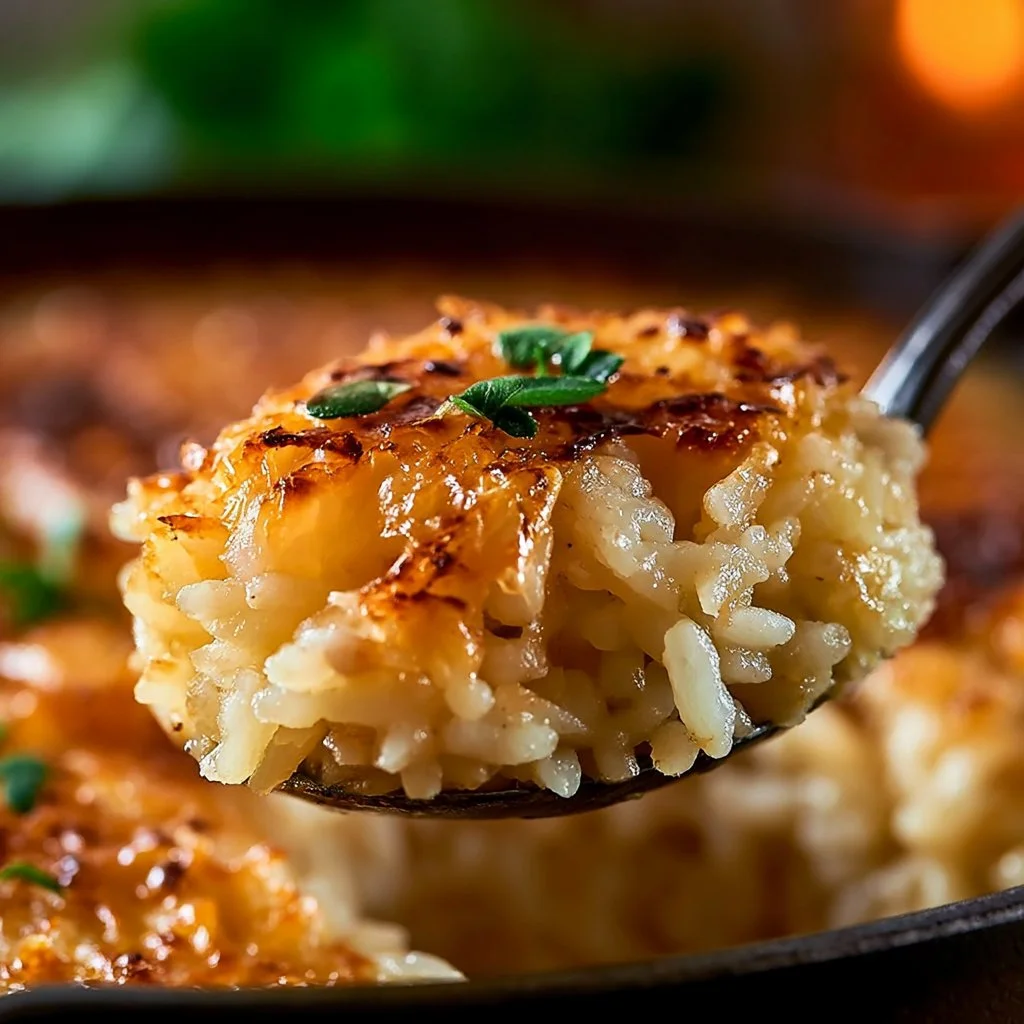 A bowl of French onion butter rice garnished with herbs, showcasing its rich flavor.