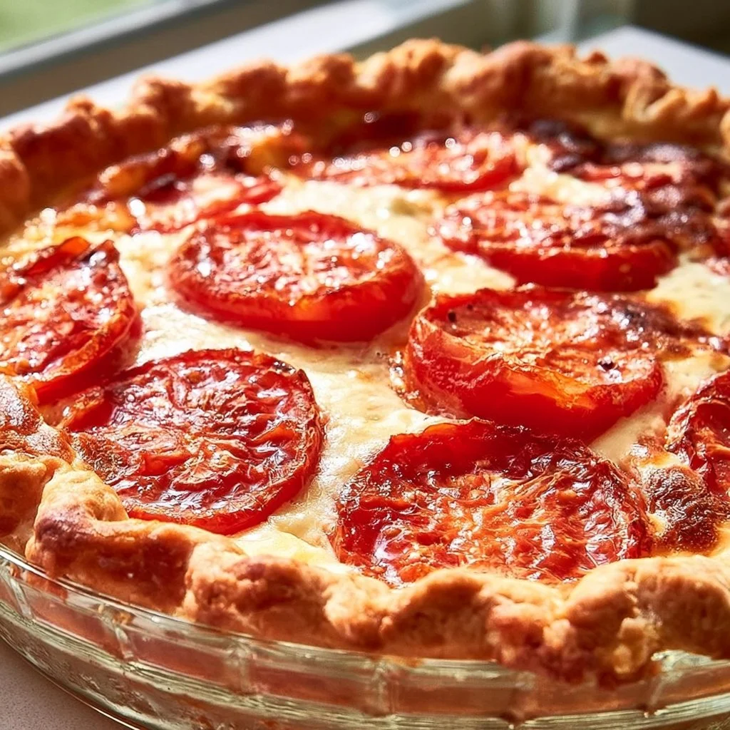 Delicious fresh tomato pie with vibrant tomatoes and flaky crust