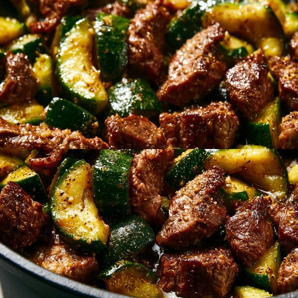 Delicious Garlic Butter Steak served with sautéed zucchini.