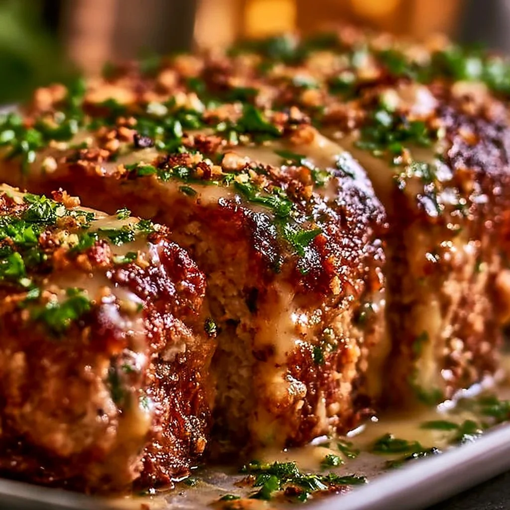 Delicious Garlic Parmesan Meatloaf served with sides on a plate