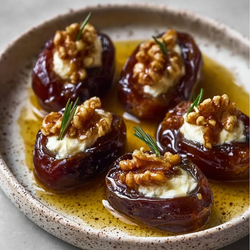 Delicious gooey stuffed dates on a plate, perfect for snacking.
