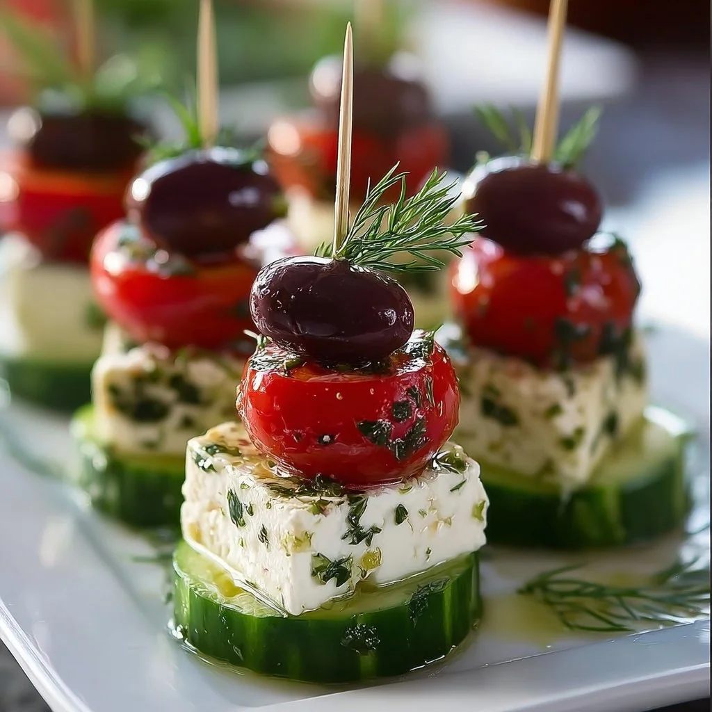 Greek feta and cucumber skewers served on a platter
