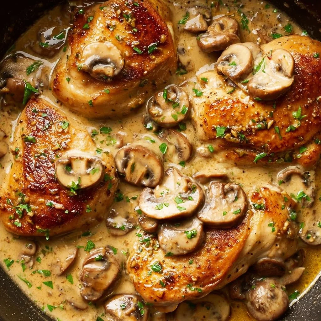 Delicious grilled Chicken Marsala with mushrooms and wine sauce