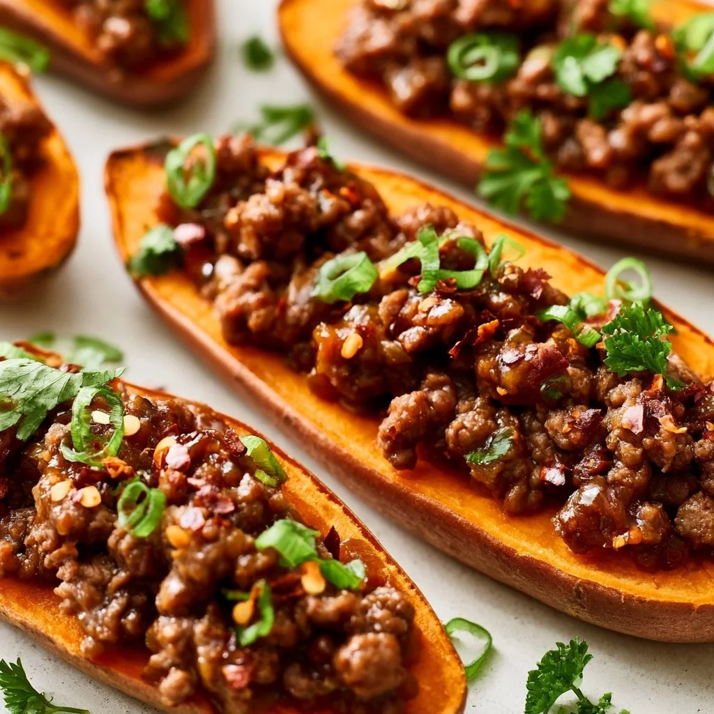 Ground beef bowls with hot honey garnished with fresh herbs on a plate