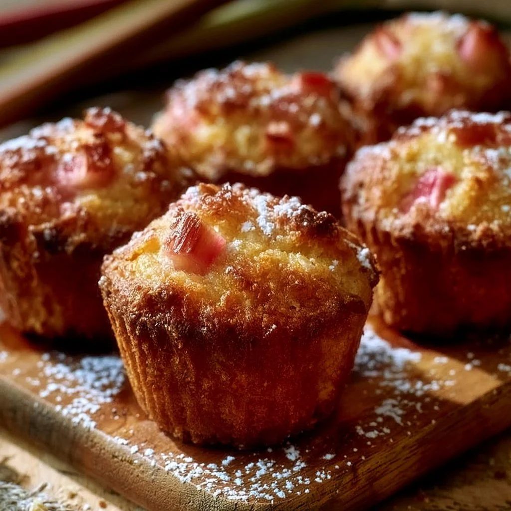 Homemade rhubarb muffins baked in a muffin tin, showcasing their golden tops.