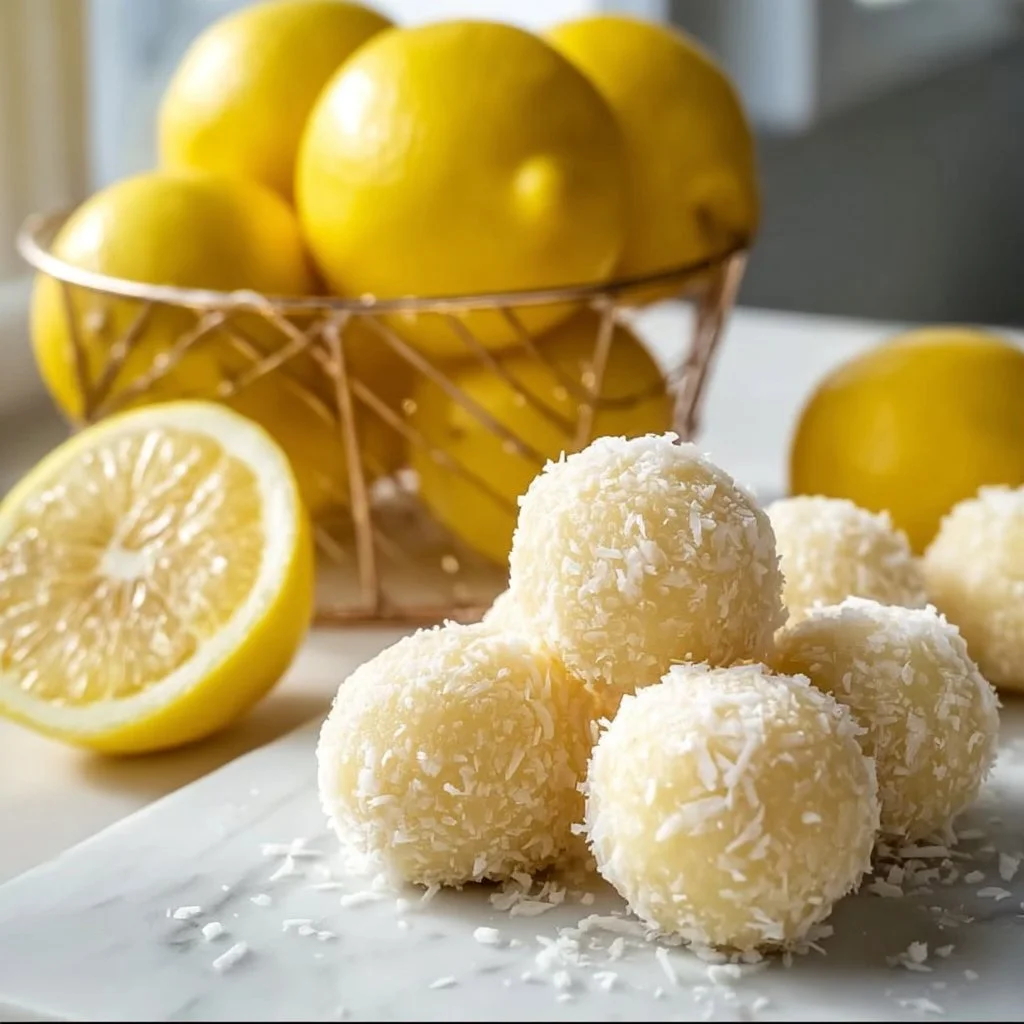 Healthy Lemon Coconut Protein Balls recipe with coconut flakes and protein powder.