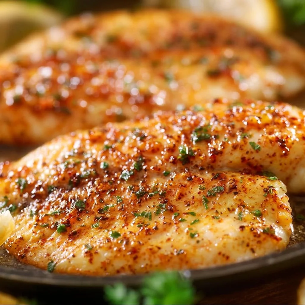 Lemon Garlic Air Fryer Tilapia served with fresh herbs and lemon wedges