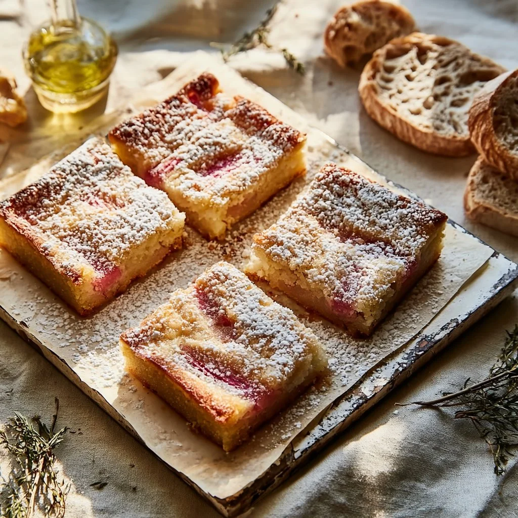 Delicious Lemon Rhubarb Bars freshly baked and served on a plate