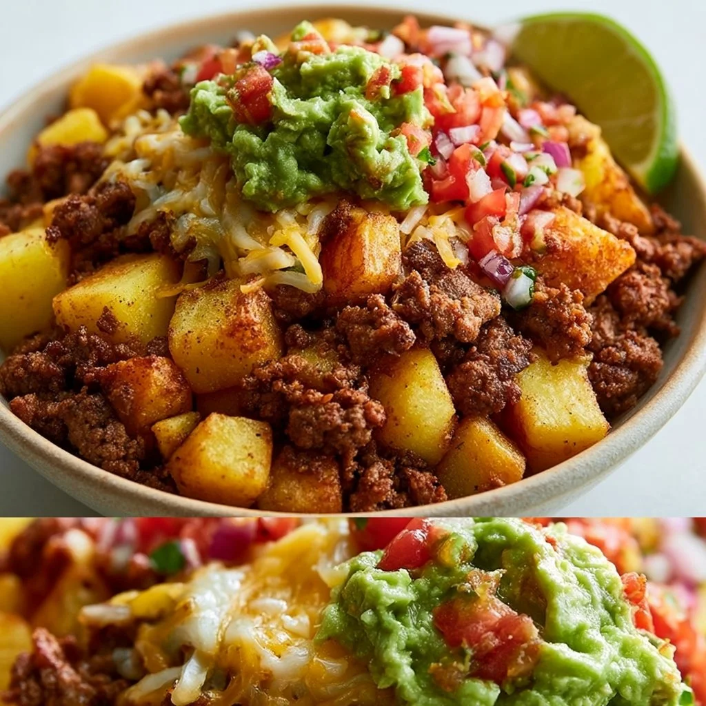 Delicious loaded potato taco bowl topped with fresh ingredients and spices.
