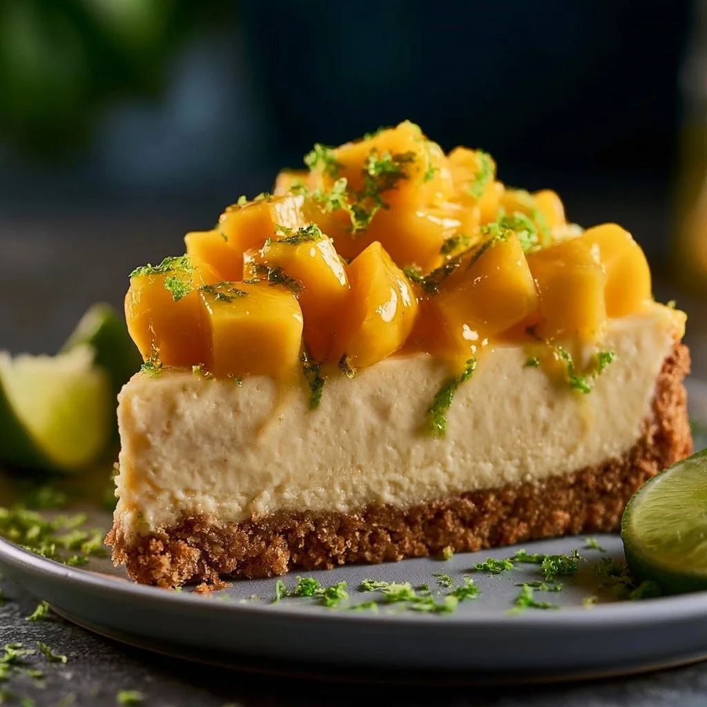 Mango Key Lime Cheesecake topped with fresh mango slices and lime zest