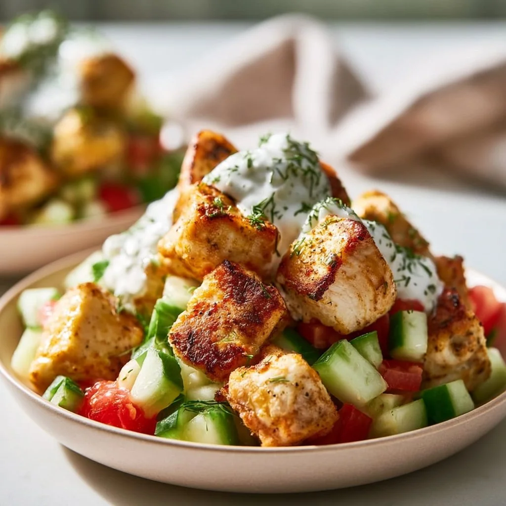 Mediterranean-style Greek chicken bowl with fresh vegetables and herbs