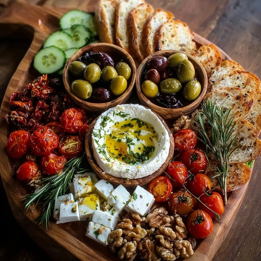 A beautifully arranged Mediterranean board with olives, cheese, and fresh vegetables.