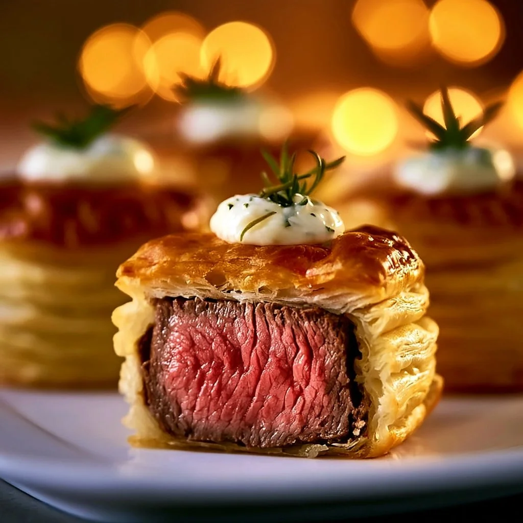 Mini Beef Wellingtons served on a platter, showcasing golden pastry and tender beef.