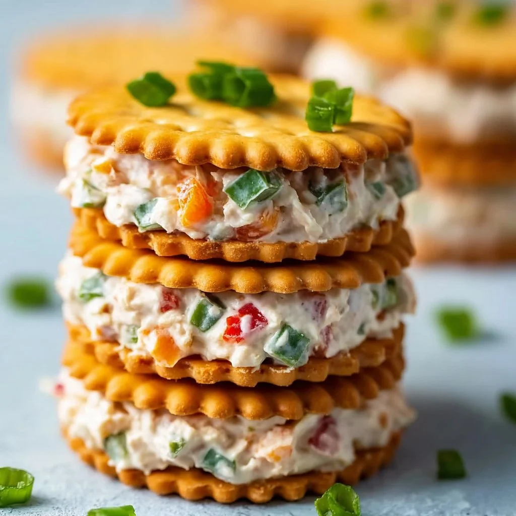 No-bake cheddar cracker sandwiches stacked and ready to serve.