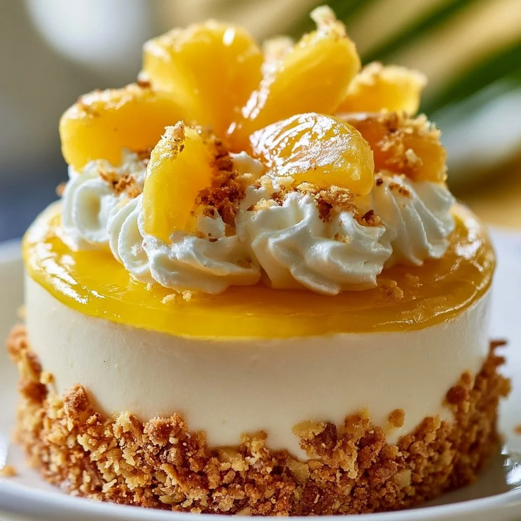 Delicious no-bake pineapple cheesecake topped with fresh pineapple slices