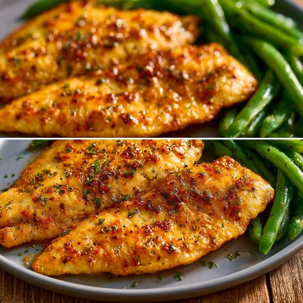 Pan-seared tilapia served with lemon and herbs on a plate