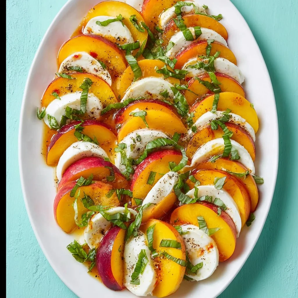 Fresh Peach Mozzarella Salad with basil and balsamic dressing