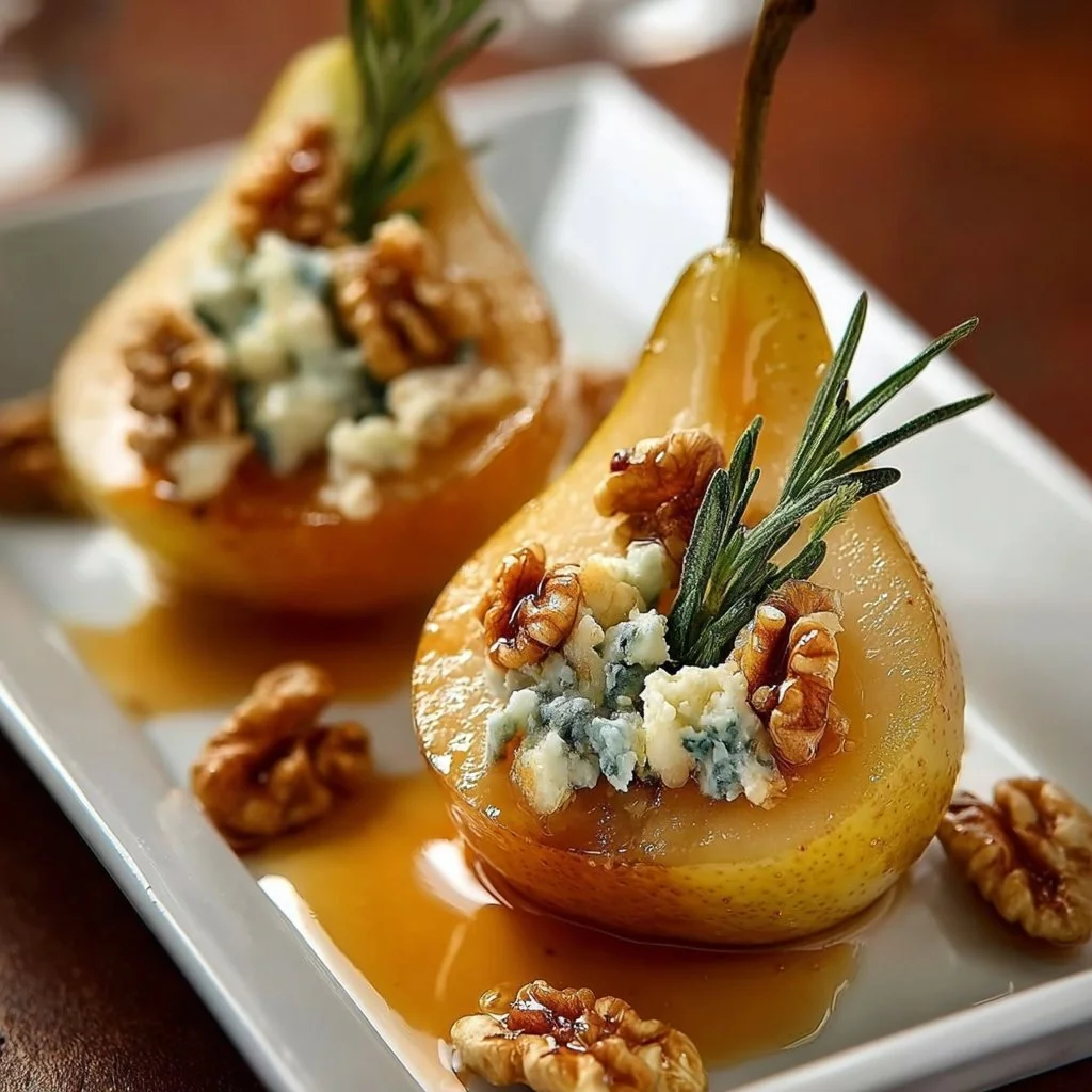 Stuffed pears with blue cheese ready to be served as a gourmet appetizer.