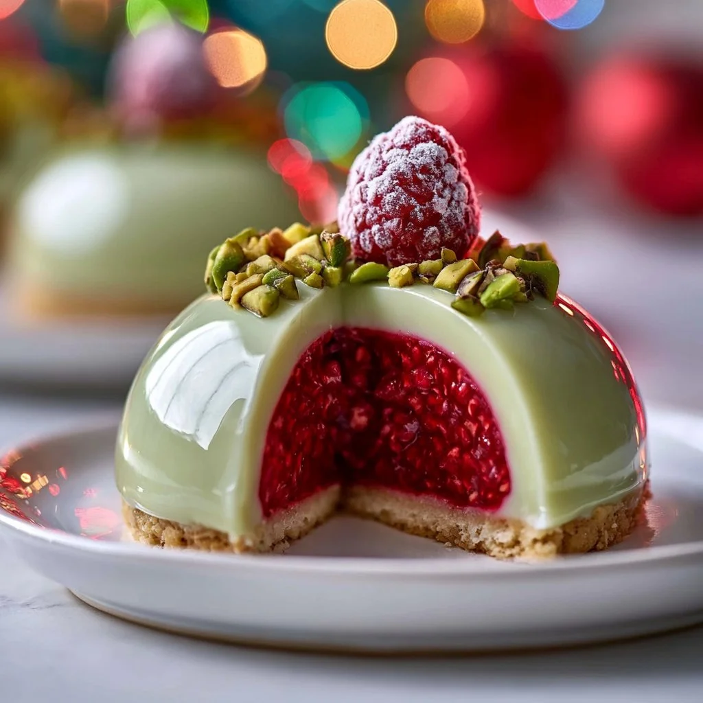 Pistachio and Raspberry Cheesecake Domes garnished with fresh raspberries