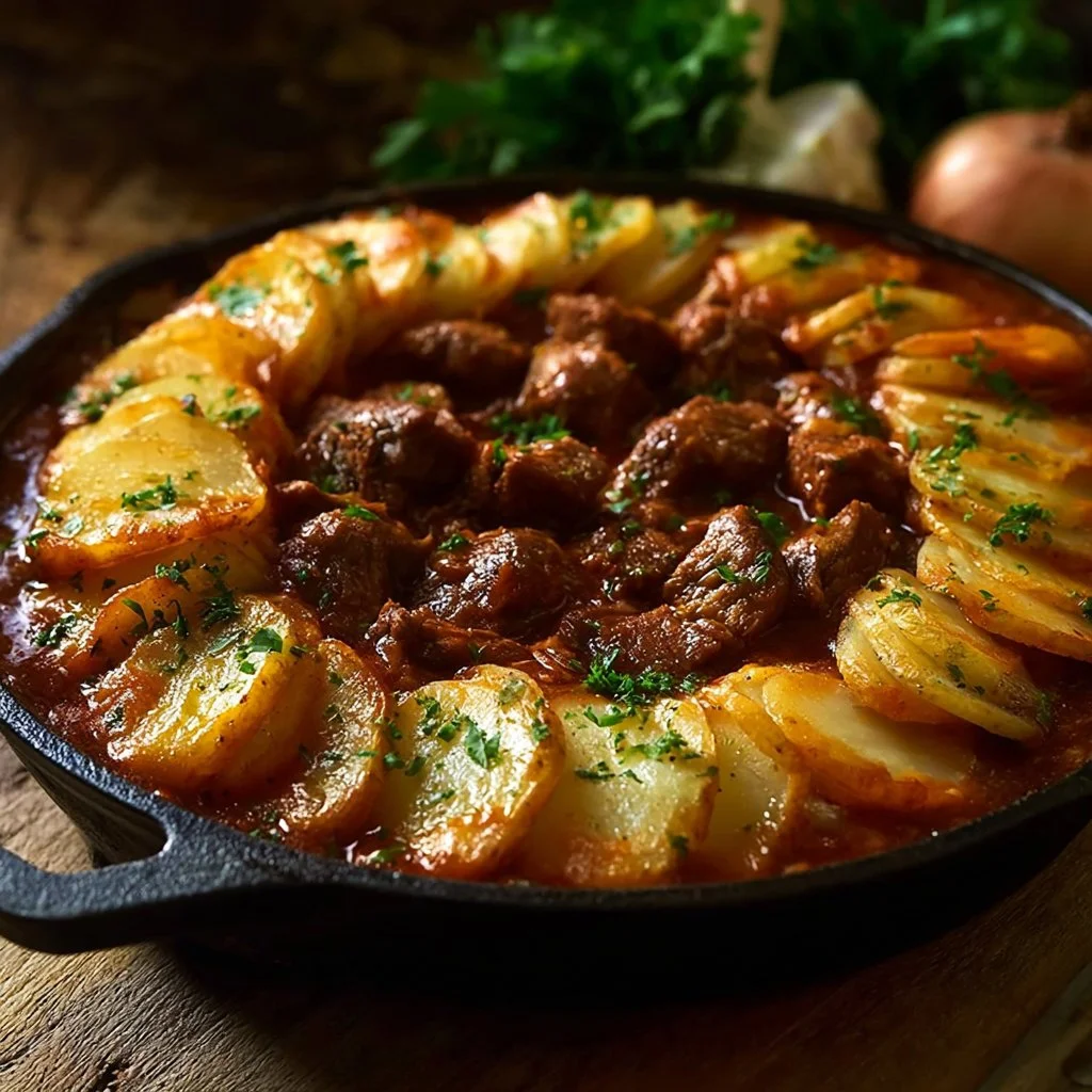 Delicious potato-topped beef stew served in a bowl
