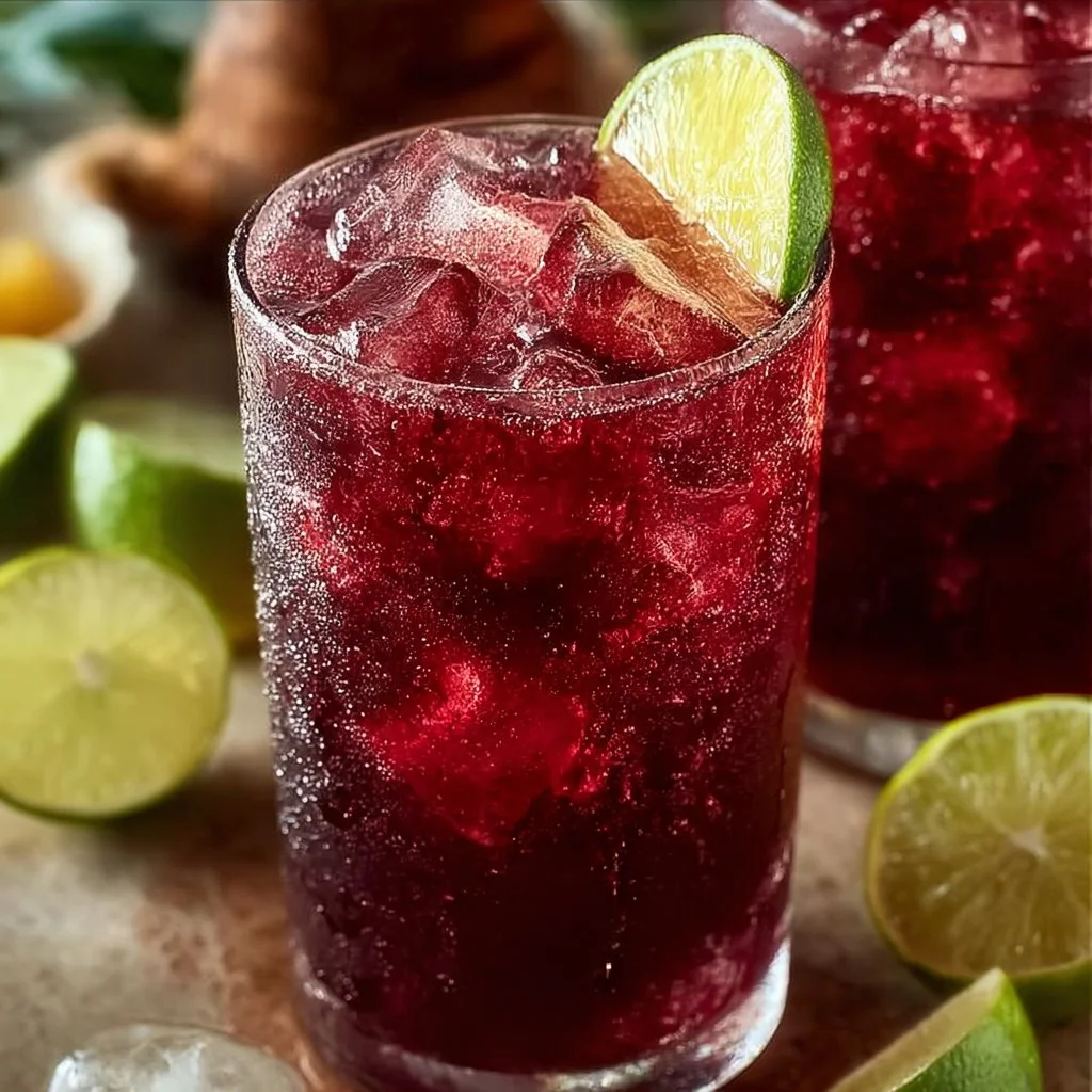 Glass of refreshing hibiscus ginger iced tea with ice and lemon slices