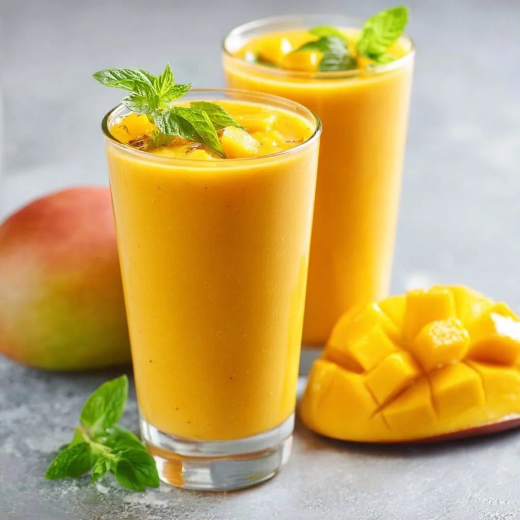 Refreshing orange smoothie with vibrant garnishes and fresh fruit