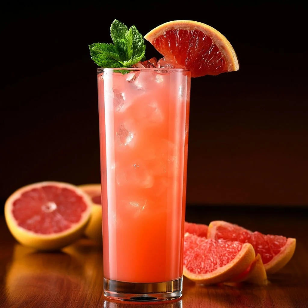 Refreshing pink grapefruit cocktail in a glass with a slice of grapefruit