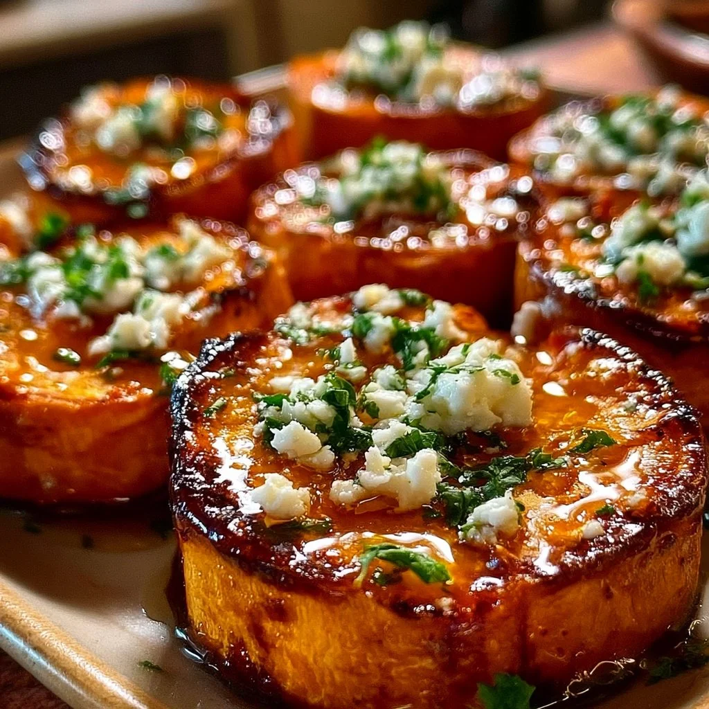Roasted sweet potato rounds topped with feta cheese and honey glaze