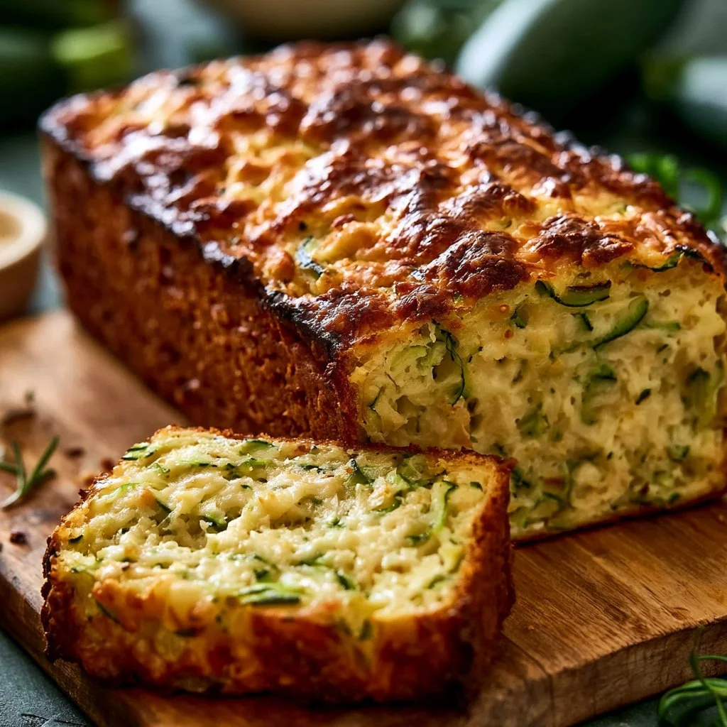 Freshly baked rustic zucchini cedar loaf with a golden crust and green zucchini bits.