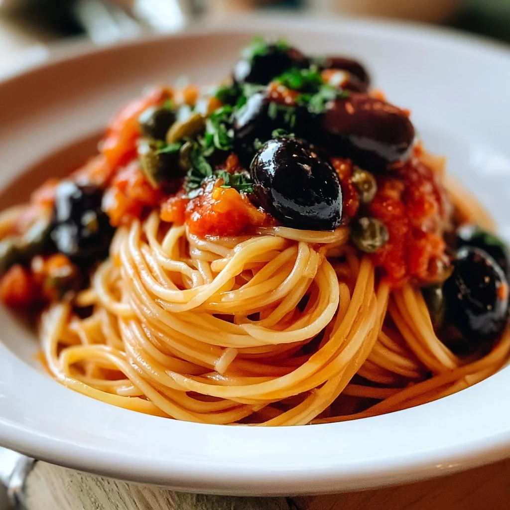 Delicious spaghetti tossed in homemade Puttanesca sauce with olives and capers
